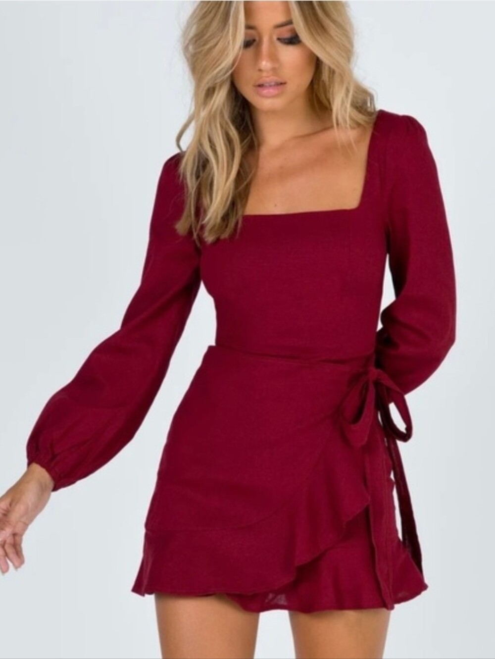 NWT Princess Polly The Villa Long Sleeve Ruffle Wrap Mini Dress Burgundy Size 4